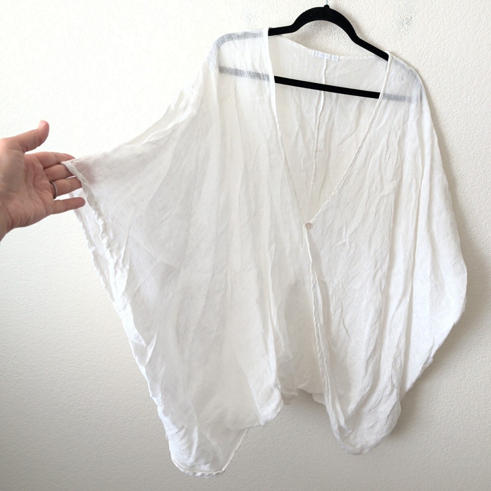 Made in Italy White 100% Linen Kimono Poncho Open Top One Size OS Beachy Coastal